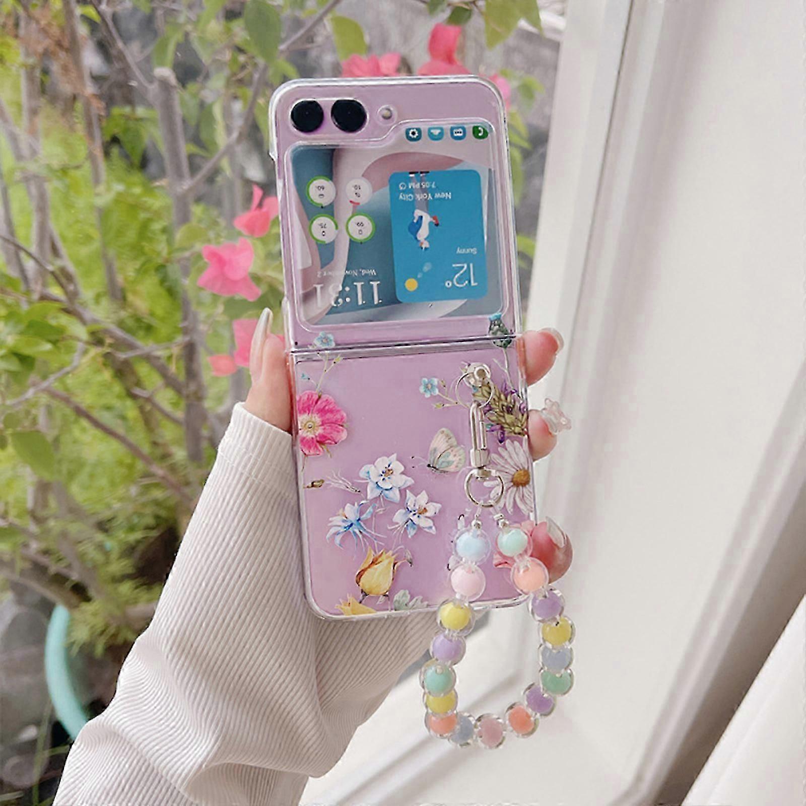 Clear Case for Samsung Galaxy Z Flip 5 with Wrist Strap, Fashion Flower Case Galaxy Z Flip 5, Hard PC Shockproof Case Galaxy Z Flip 5 5G