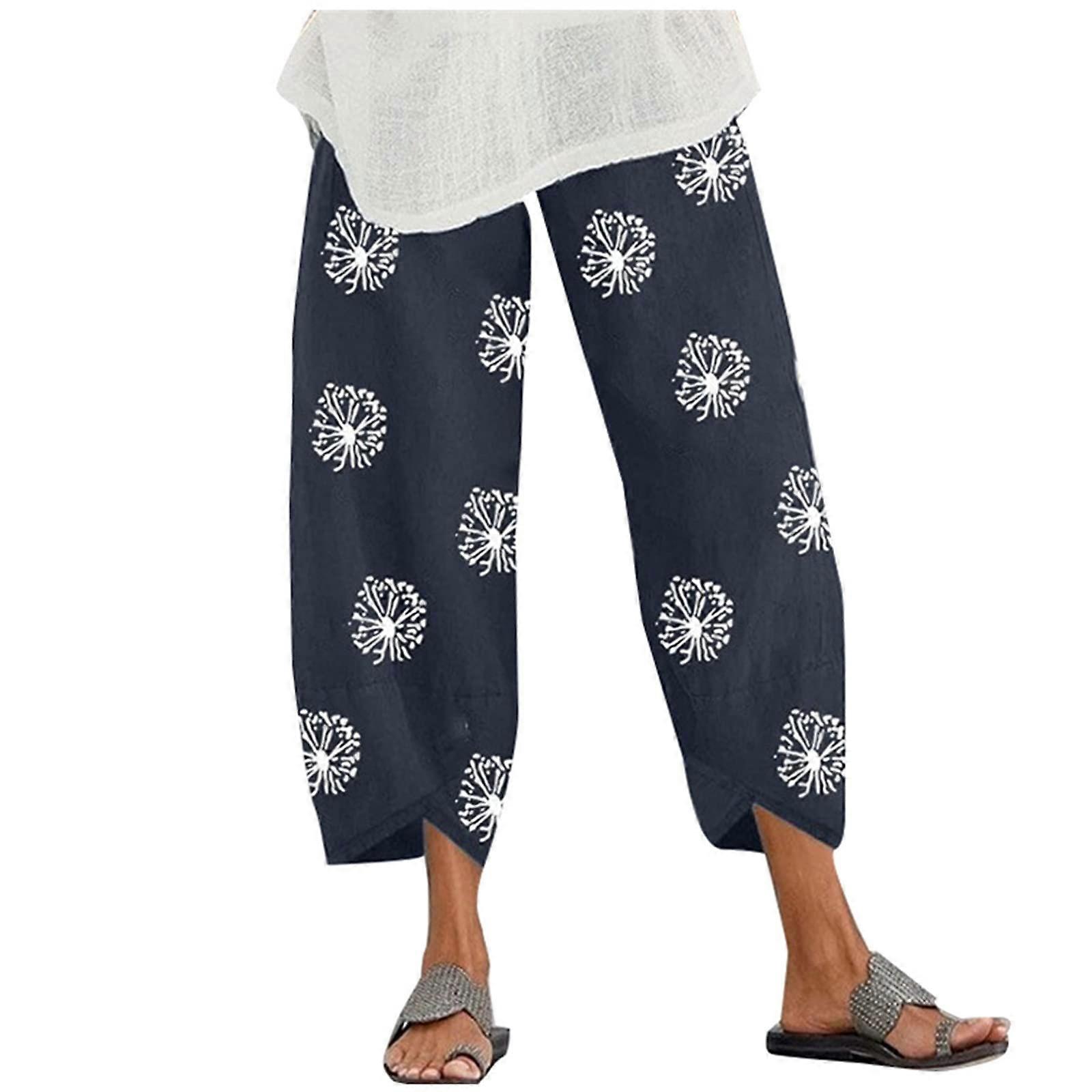 Large Size Women's Summer Capri Pants Lightweight Oversized 7/8 High Waist Trousers with Pockets Dark Blue XL