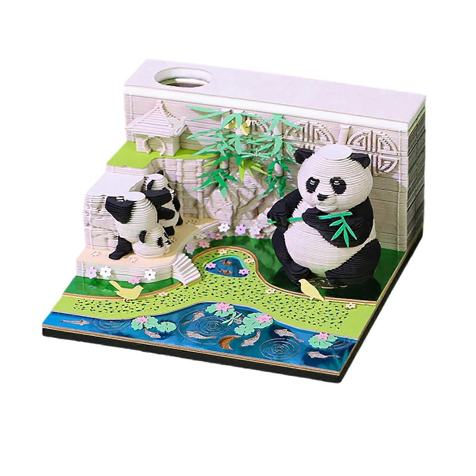 2025 Desk Calendar 3D Paper Sculpture Panda Notepads Clock Calendar Carving Art
