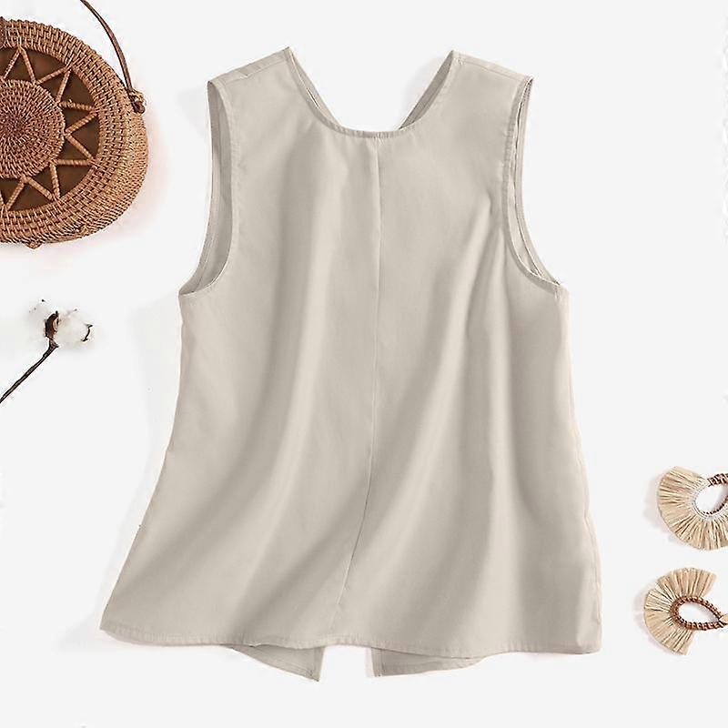 VONDA Women's Summer Round Neck Sleeveless Button Patch Solid Color Loose Vest