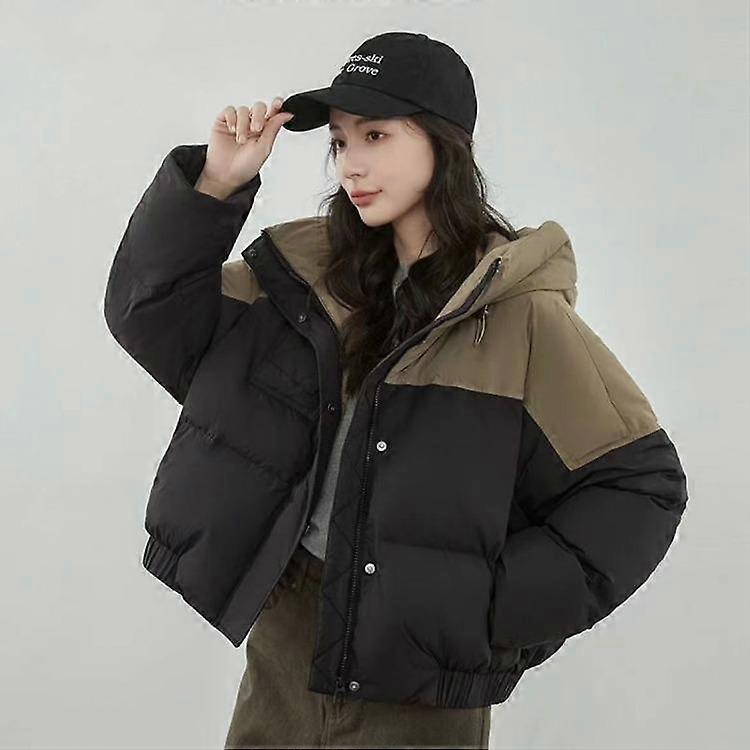 Women's Winter Hooded Short Coat with Down Cotton Patchwork Loose Jacket