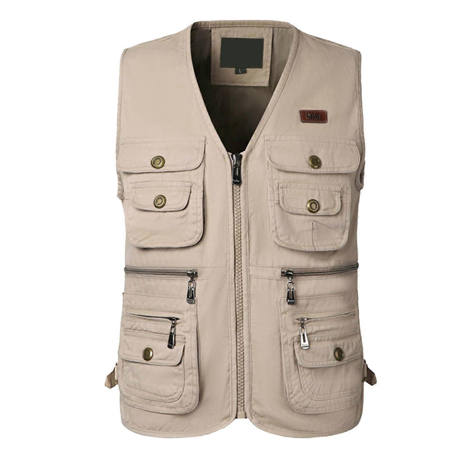Outdoor Vest Men's Fishing Vest with Many Pockets Sleeveless Jacket 4XL beige
