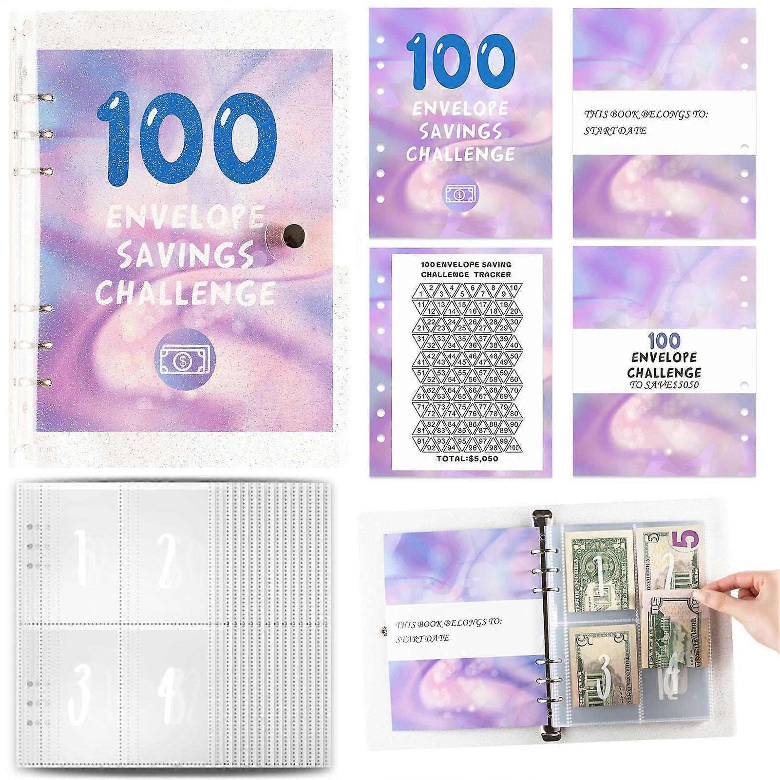 100 Savings Challenge Binder with 100 Envelopes, Money-Saving Budget Organizer, Card Film and Paper, Durable Storage Solution