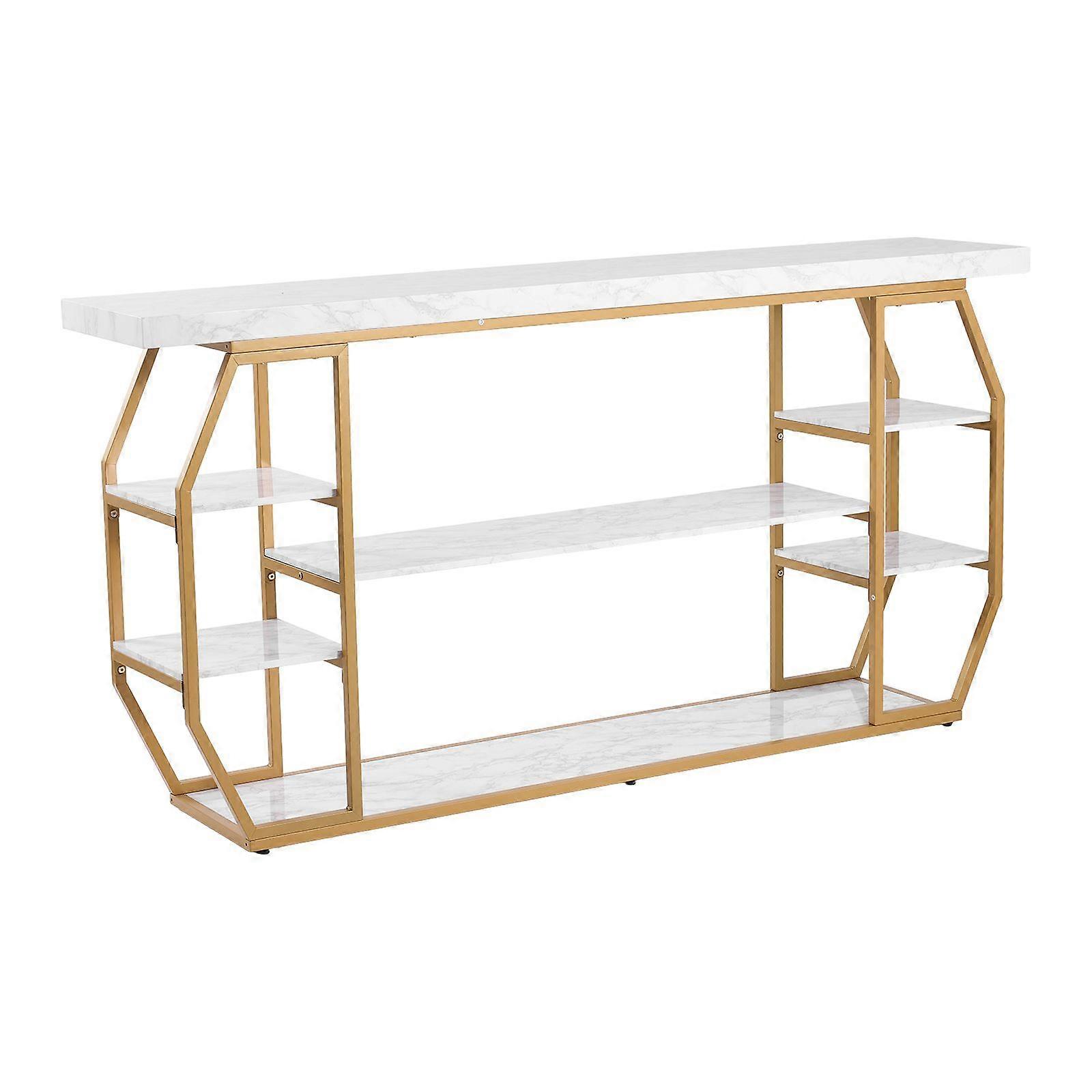 Marble Console Table, 3 Tiers Modern Console Table for Open Storage, Golden Geometric Table with Iron Tubes, Anti-Tip Device