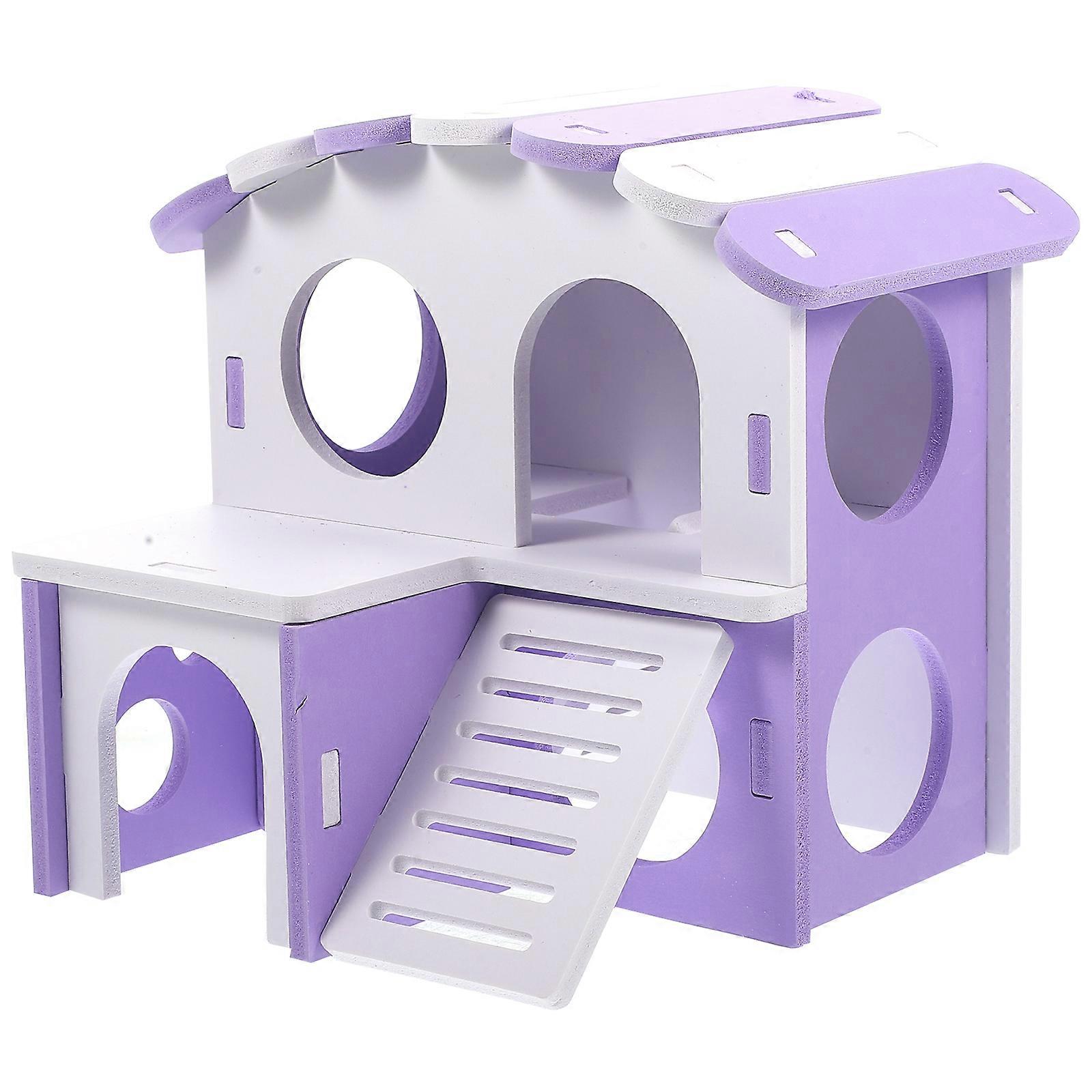 Double Hamster Hideout House for Small Pets – Durable Chinchilla, Rat, and Guinea Pig Habitat with Exercise and Play Features, Purple and White Villa
