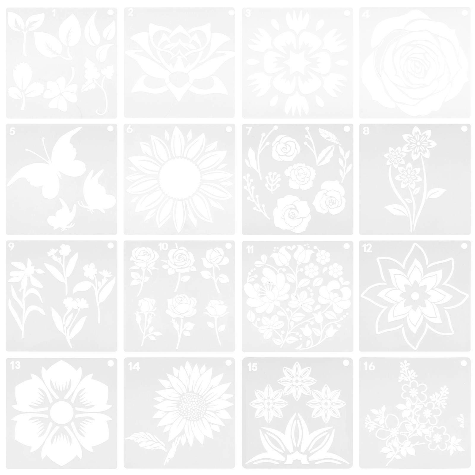 16PCS Reusable Flower Stencils Set Sunflower Templates for Crafting, Painting, Wall Art, Greeting Cards Safe Material for DIY Projects