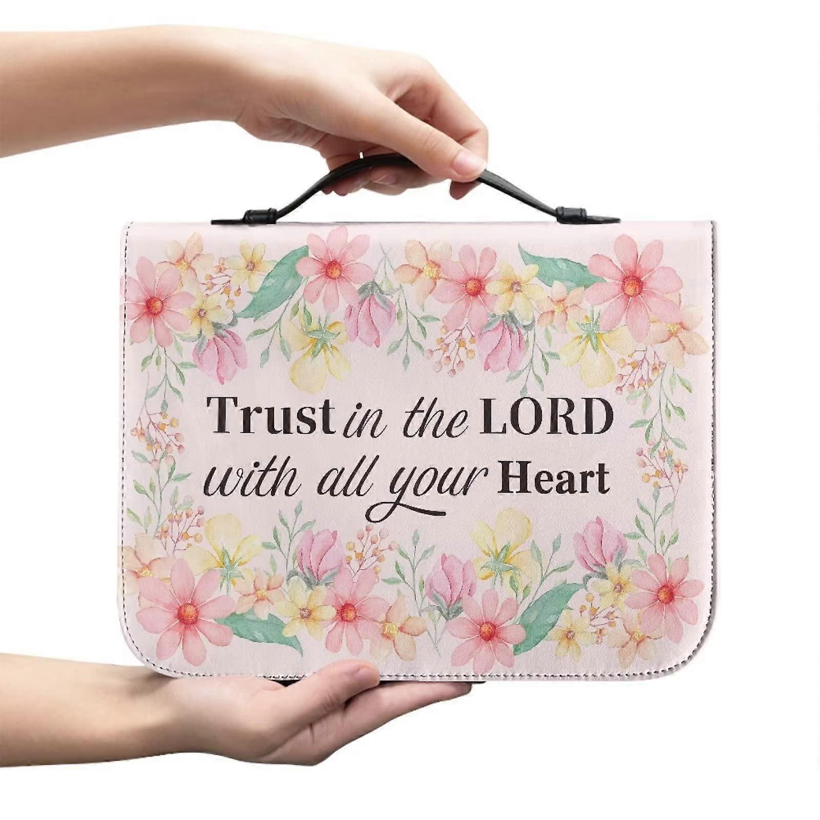 Trust in The Lord with All Your Heart Floral Bible Cover Leather Book Tote Bag Organizer with Handle and Zipper for Study Bibles