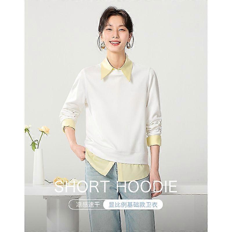  Hengjia Cf Felpa in tinta unita per donna, ampia, stretta in vita, stile di base fresco, scollo rotondo, felpa corta dimagrante