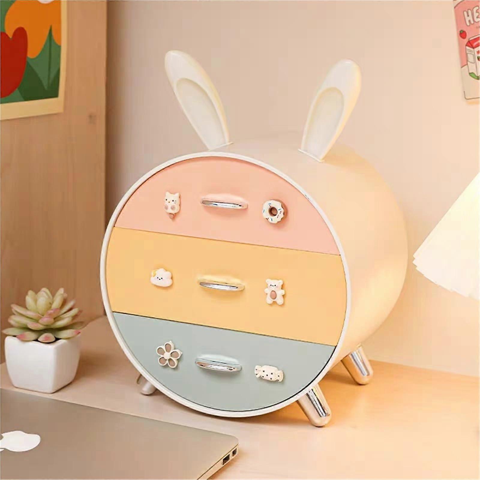 Desk Organizer Drawer Box Flat Filing Cabinet with Lockable Drawer, Cute Bunny with 3 Drawers, Storage Holder for Hair Clips (B)