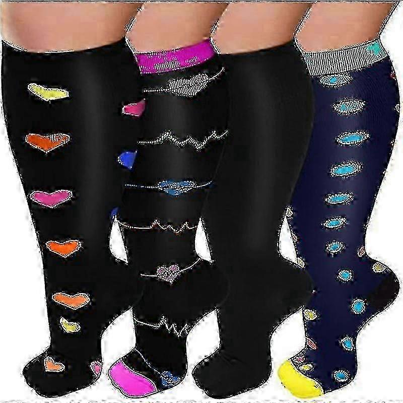 Improved Large Support Stockings for Women & Men - 20-30mmHg Compression, 4 Pairs of Plus Size Compression Socks with Wide Calf Fit