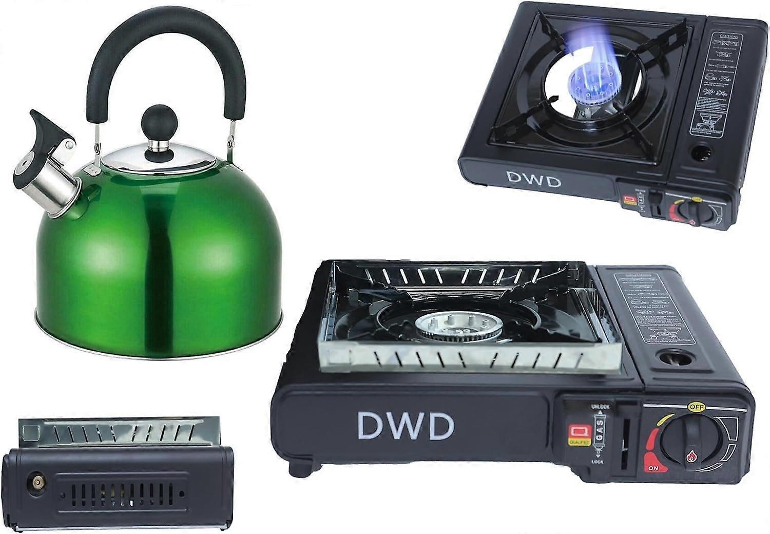Premium Camping Gas Stove 2.5KW with Green Whistling Kettle 2.5L, Butane/LPG Compatible, EN417, Automatic Ignition, Enamel Support