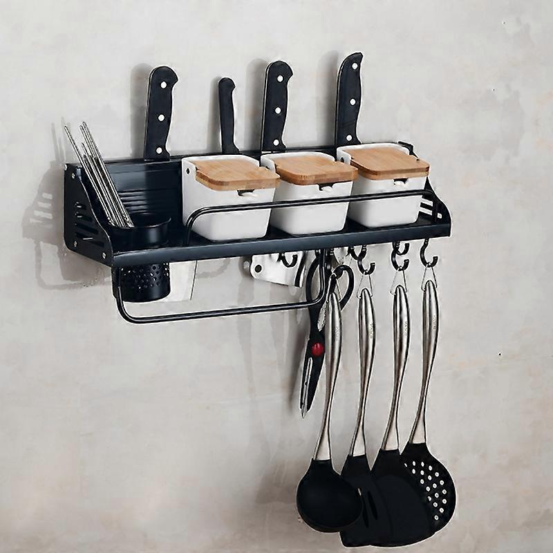 A Version 50cm 1 Cup 8 Hooks Kitchen Multi-function Wall-mounted Condiment Storage Rack (Black)