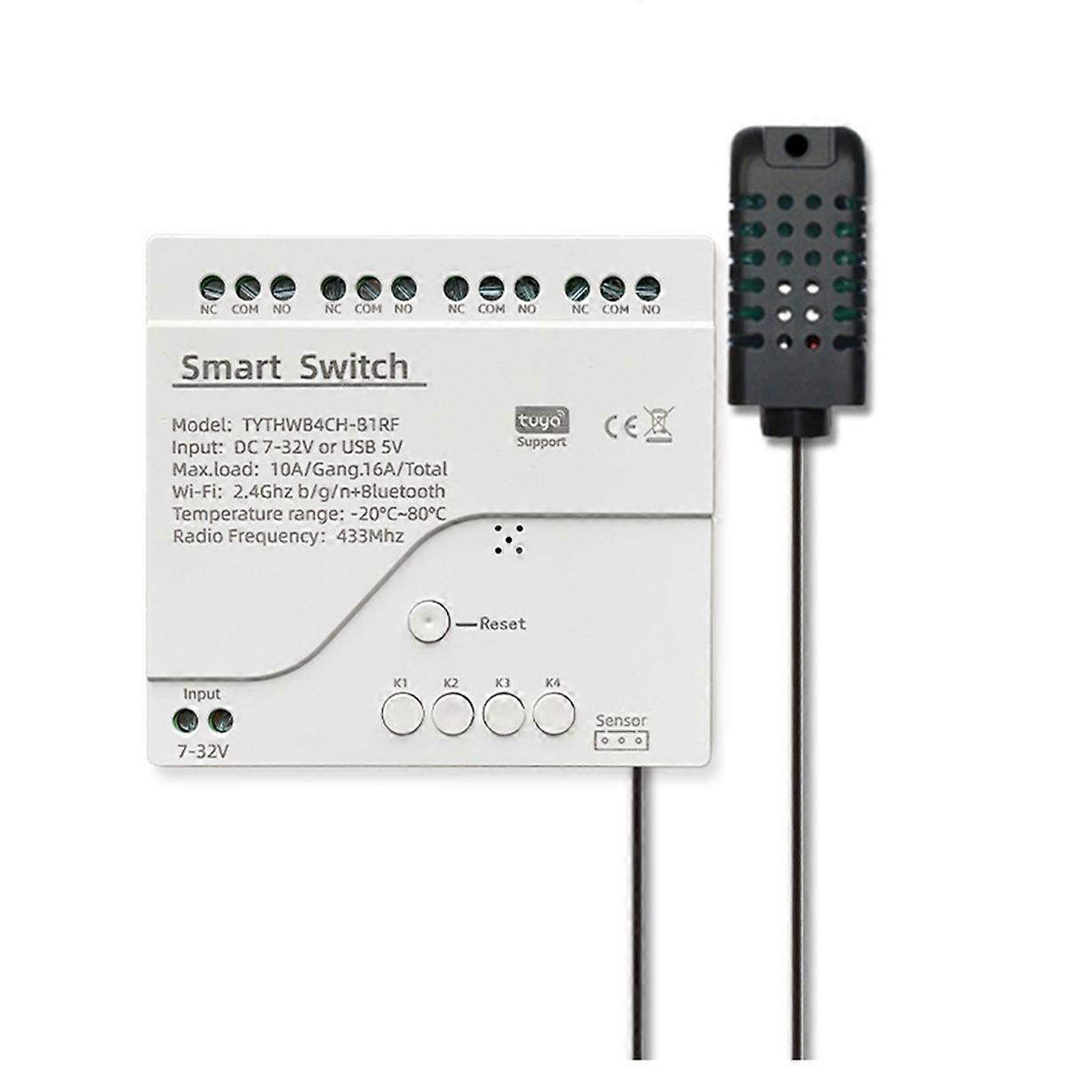 Tuya WiFi DC 7-32V Comutator inteligent cu 4 canale Senzor de temperatură și umiditate Modul de contact uscat pasiv Lucrați cu Smart Life