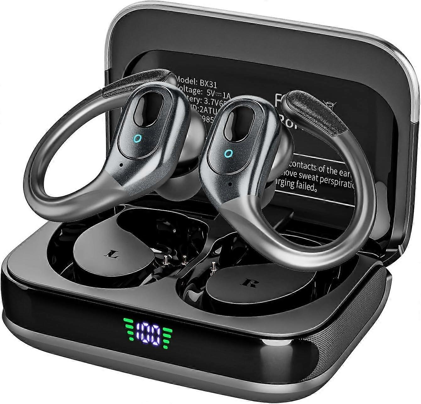 Wireless Bluetooth Earbuds, 75Hrs Playback, LED Display Charging Case, Ear Hooks, IPX7 Waterproof(Black)