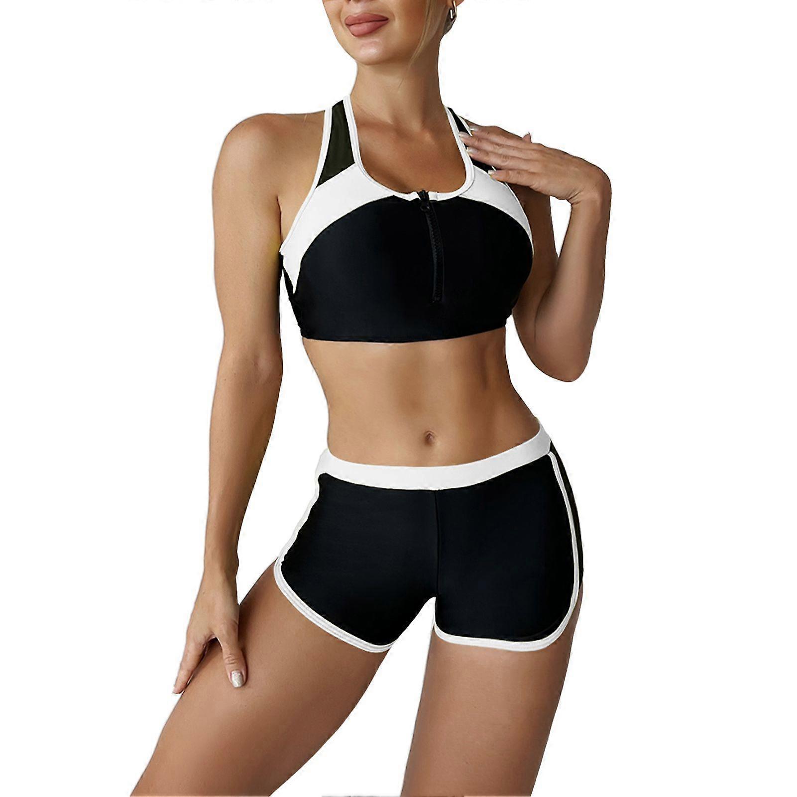Women Sports Bikini Set Fashionable Front Zipper Bra Color Block 2 Piece Swimsuit Bathing Suit for Surfing White M