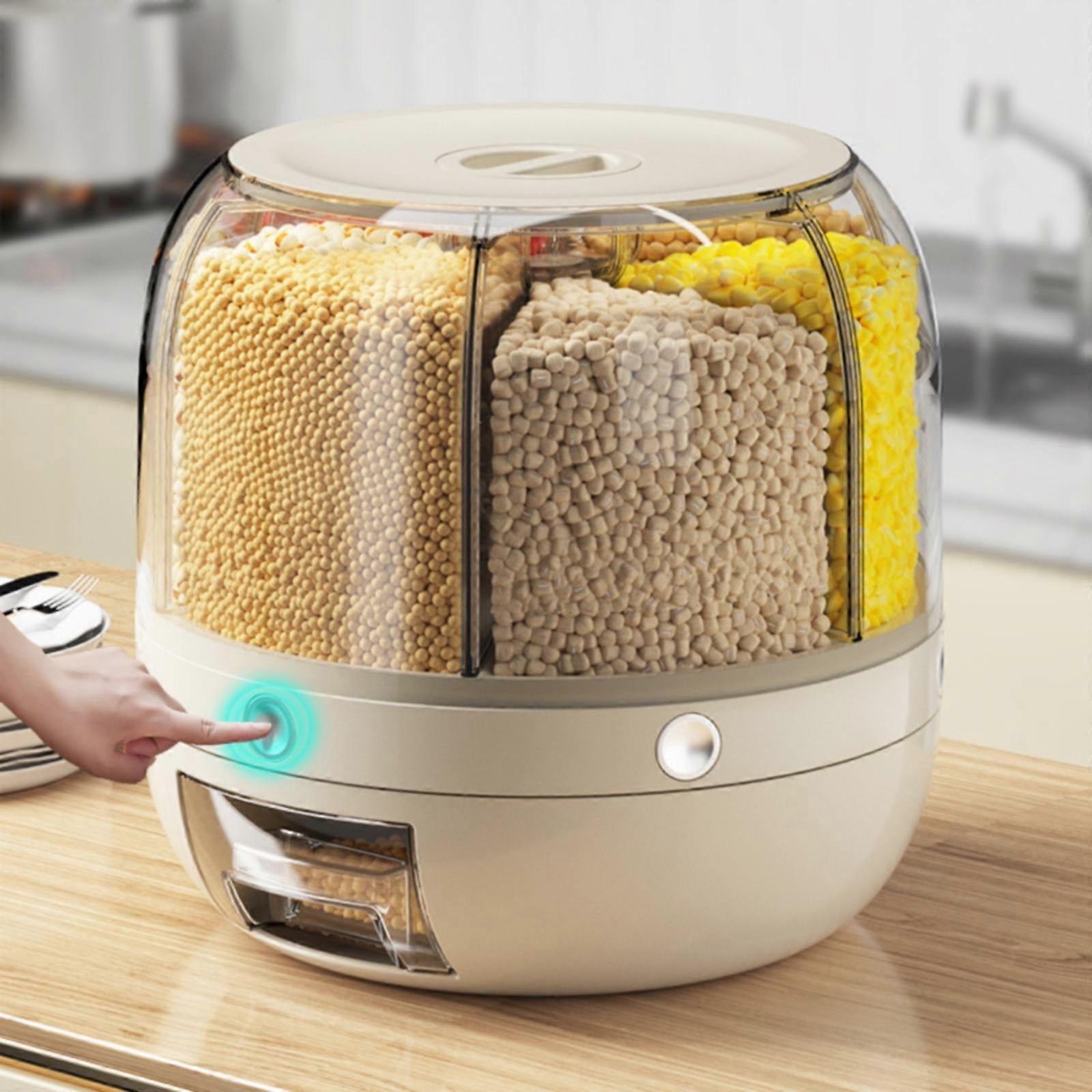 Zynic 13.2lb Cereal Rice Grain Storage Dispenser 360° Rotating One Click Output 6 Compartments Kitchen Household Container for Small Grains/Beige
