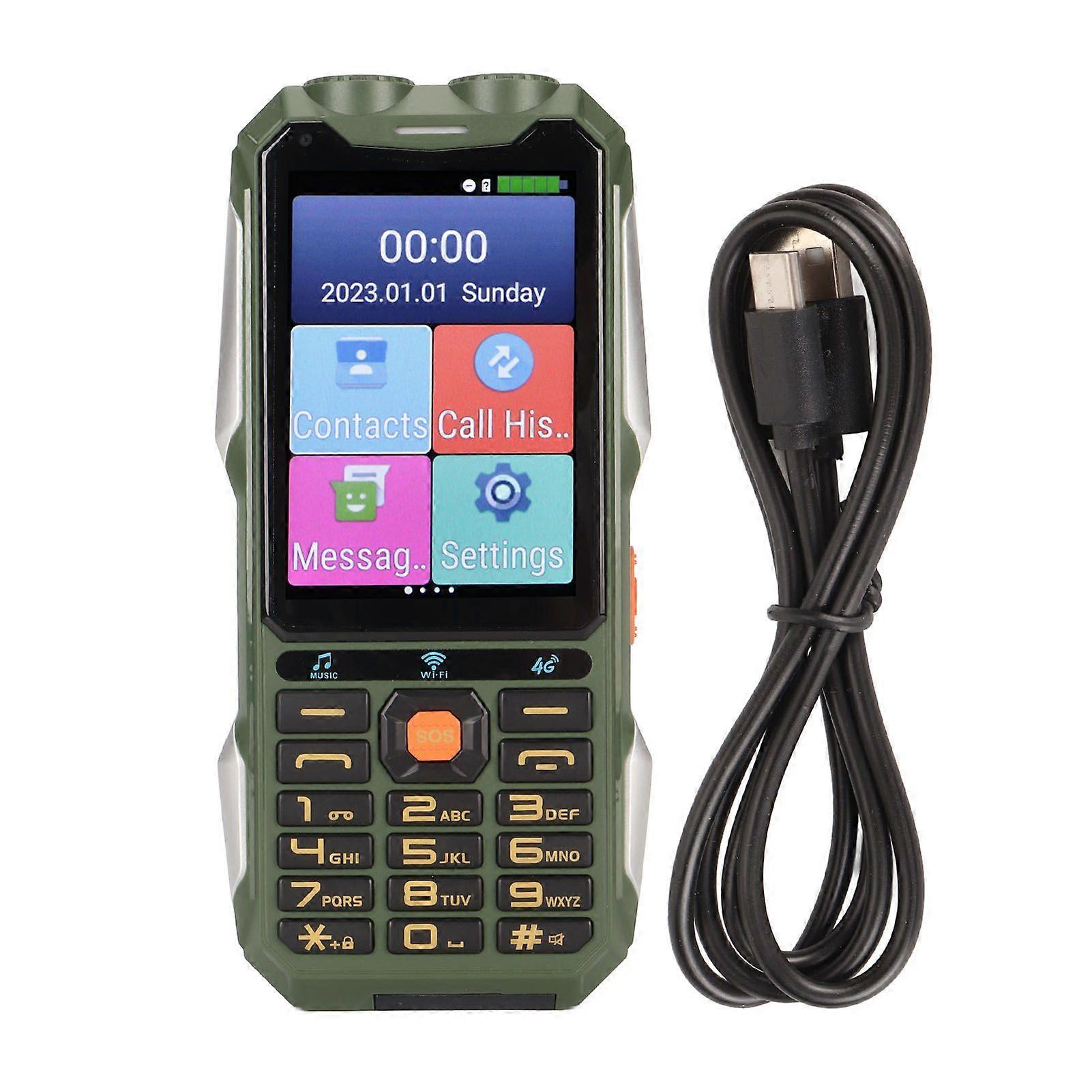 Rugged Senior Cellphone 4G 4in Touch Screen WiFi Large Button 18000mAh LED Flashlight Loud Sound Quick Dial Phone for Android 7.0 Green