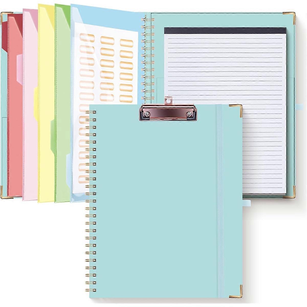 Blue Foldable Spiral Clipboard with Storage Zipper Pouch,5 Plastic Folders with 10 Pockets, Refillable Lined Notepad