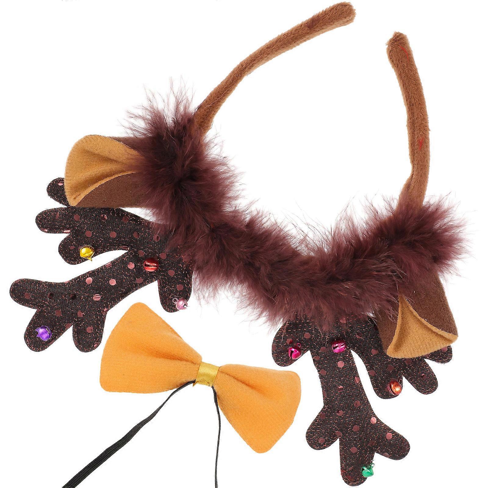Light Brown Elk Antler Headband for Xmas Party with 4Sets Decorative Bow Tie