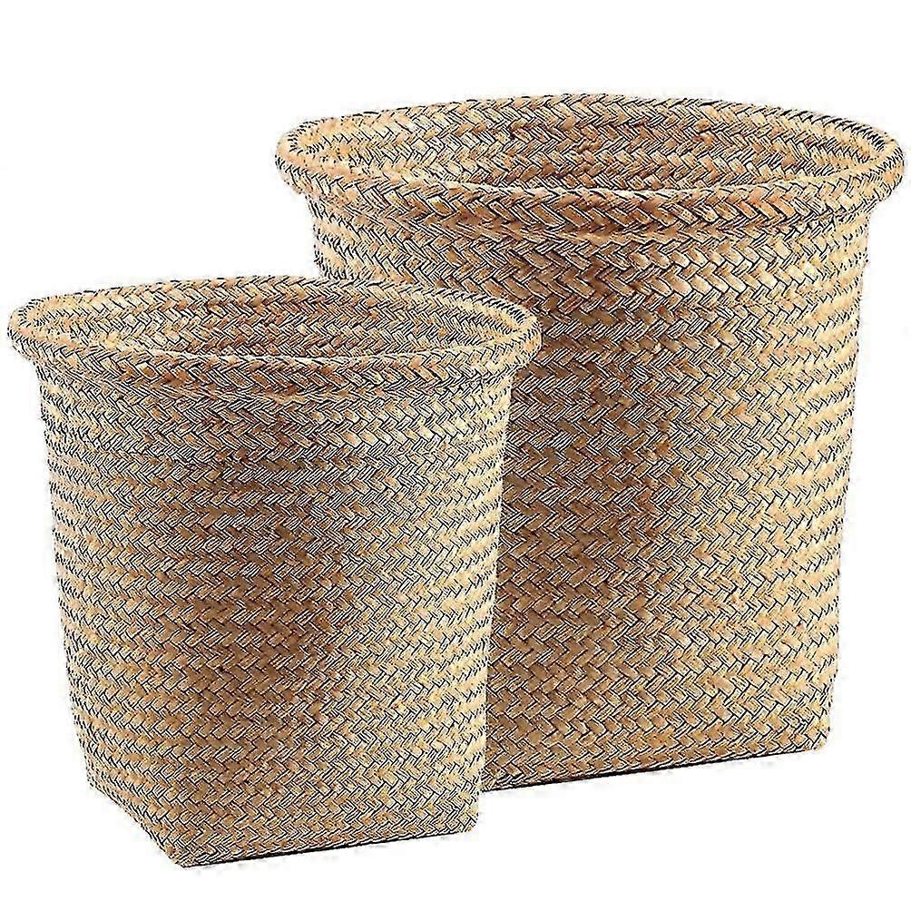 2pcs Rattan Wastebasket Seagrass Storage Basket Straw Woven Round Trash Can Wicker Garbage Bin Waste Paper Container Laundry Hamper For Home Office