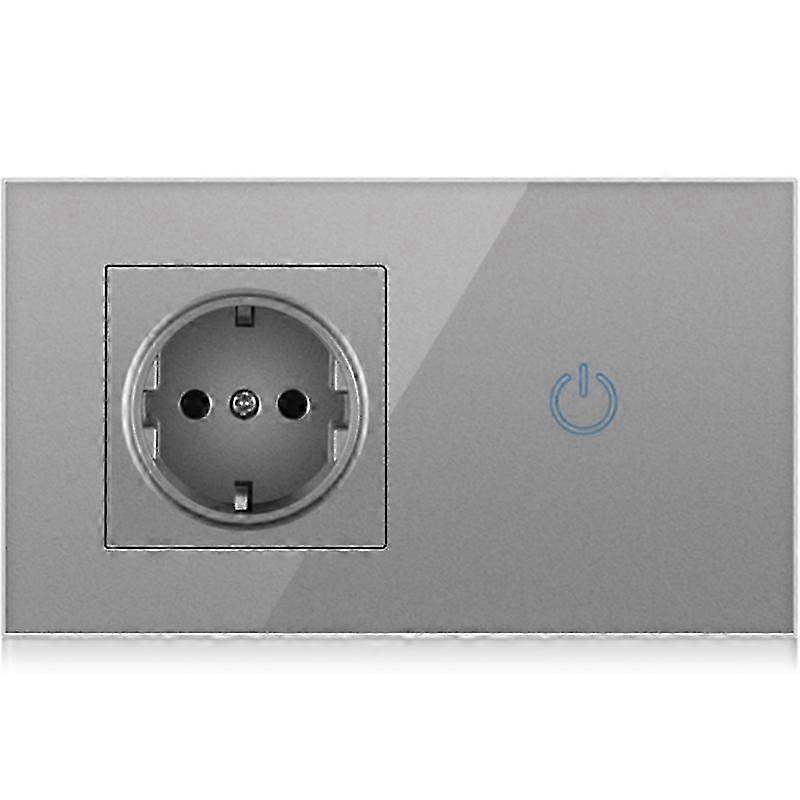 Touch Light Switch With EU Power Outlet Socket 100V~250V Gray Glass Panel German Wall Electrical Socket