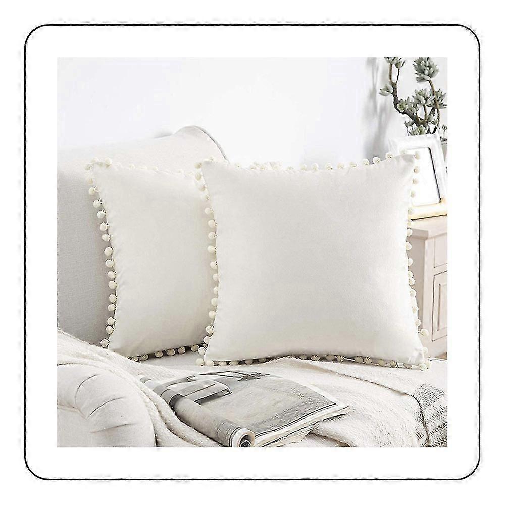 Velvet Pillow Covers with Invisible Zipper and Pom-Poms, 2-Pack for Cozy Boho Decor in UK Living Spaces