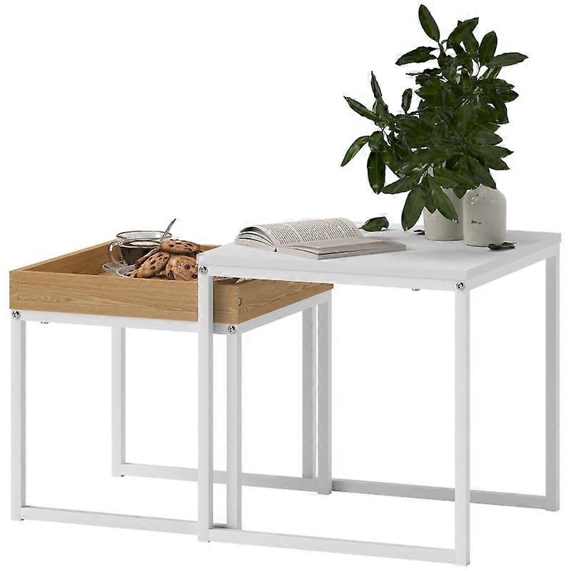 2Pc Modern White Coffee Table Set Square MDF Metal Accent