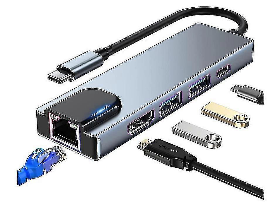 Usb C Hub Multiport Adapter, 5 In 1 Usb C Docking Station With 4k Hdmi, Rj45 Ethernet, Usb3.0, 100w Pd, C