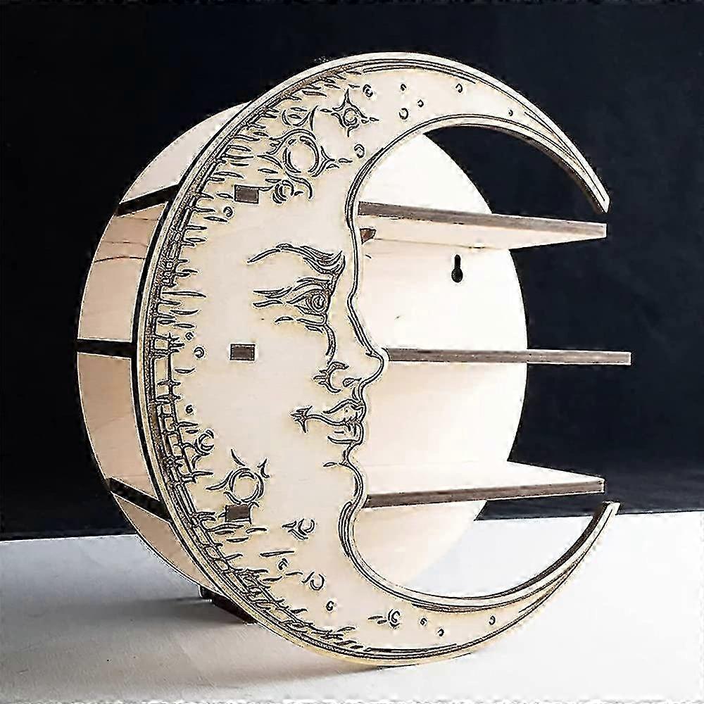 Elegant Moon Wall Shelf with Crystal Display, Wooden Storage Decor