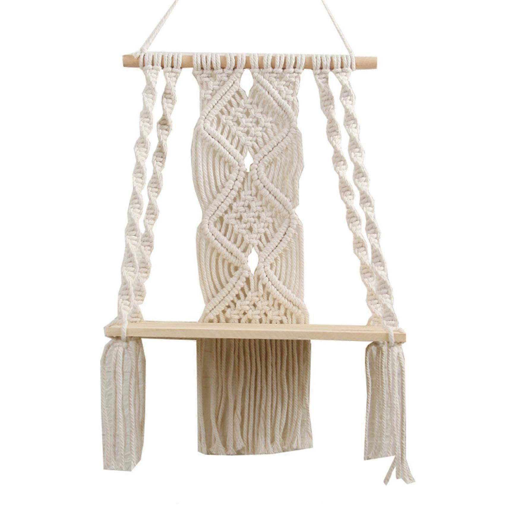 Boho Macrame Wall Hanging Shelf Handmade Woven Tassel Tapestry Rack Wood Floating Storage Hanger Fo (haoyi)