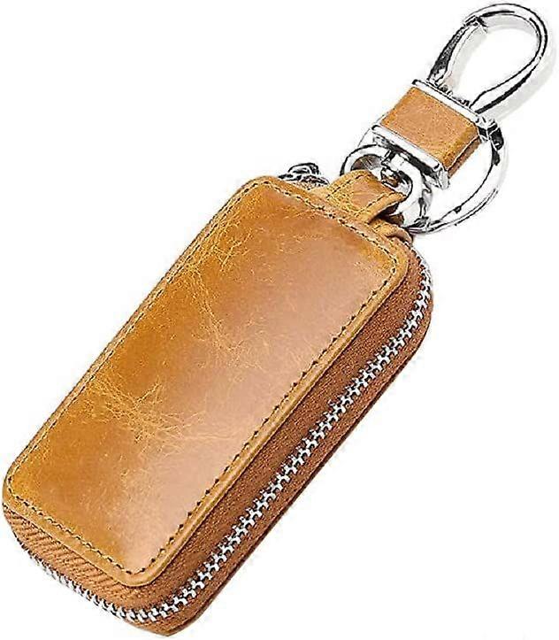 Car Key Protector, Universal Cow Leather Car Remote Fob Case Key Holder Bag Keychain Case Keyring Zipper Bag Smart Keychain Case Holder (Brown) (1pc