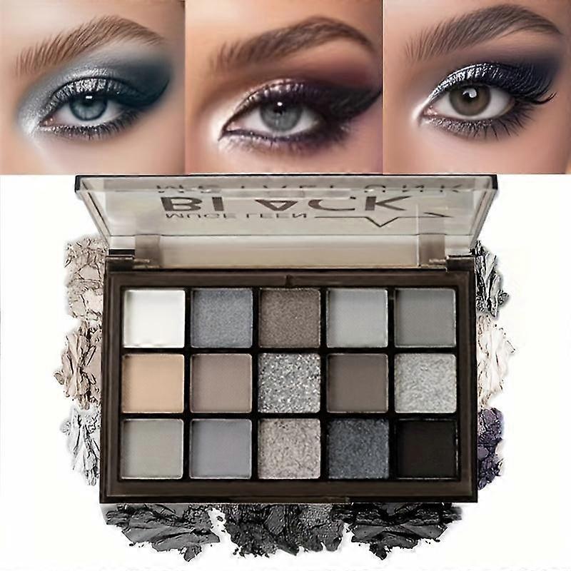 15-Shade Smoky Eyeshadow Palette Long-Lasting Highly Pigmented Eyeshadow with Versatile Matte and Glitter Finishes, Punk Black and Grayscale Colors