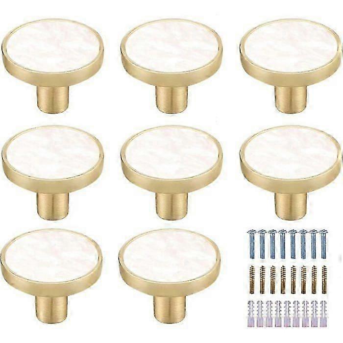 Set Of 8 White Marble Brass Round Cabinet Knobs - White Decorative Drawer Knobs - Gold Dresser Knobs For
