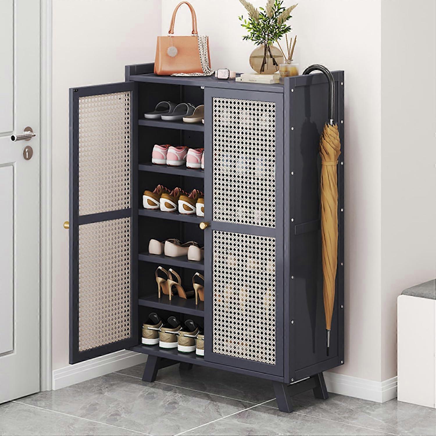 7Tier Bamboo Shoe Storage Cabinet with DustProof Rattan Doors for Entryway Organizer, Blue