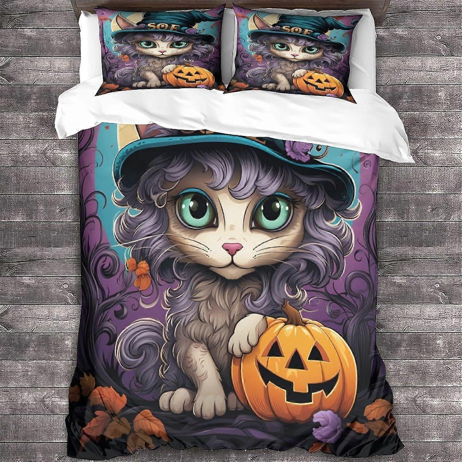 LikeEj 3D المطبوعة نمط القط مجموعة الفراش للأطفال الكبار ، غطاء لحاف هالوين مع أكياس وسائد ، غطاء ستوكات حيواني مع إغلاق سحاب