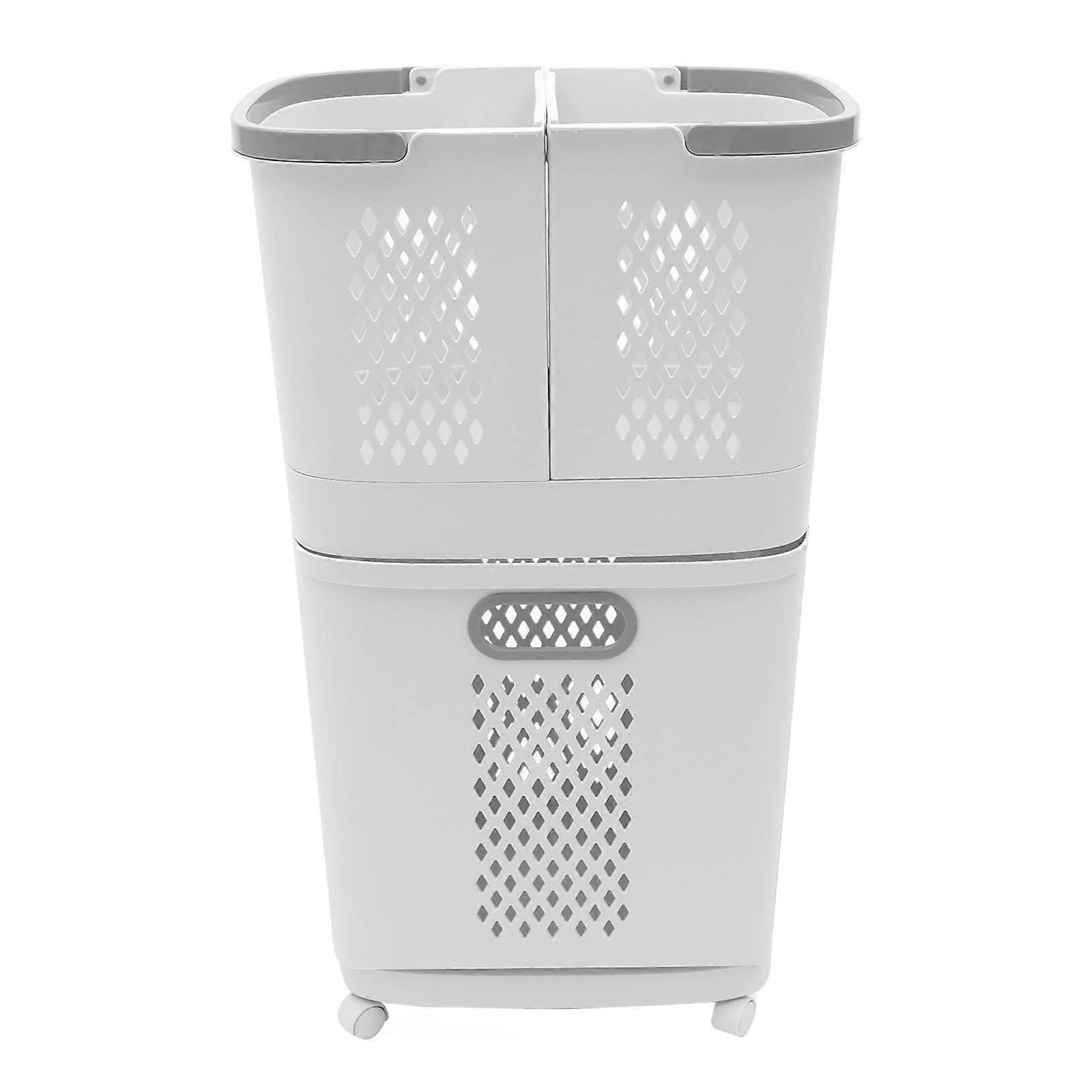 2 Tier Rolling Laundry Basket with Wheels, Large PP Clothes Hamper for Dirty Laundry Storage, White
