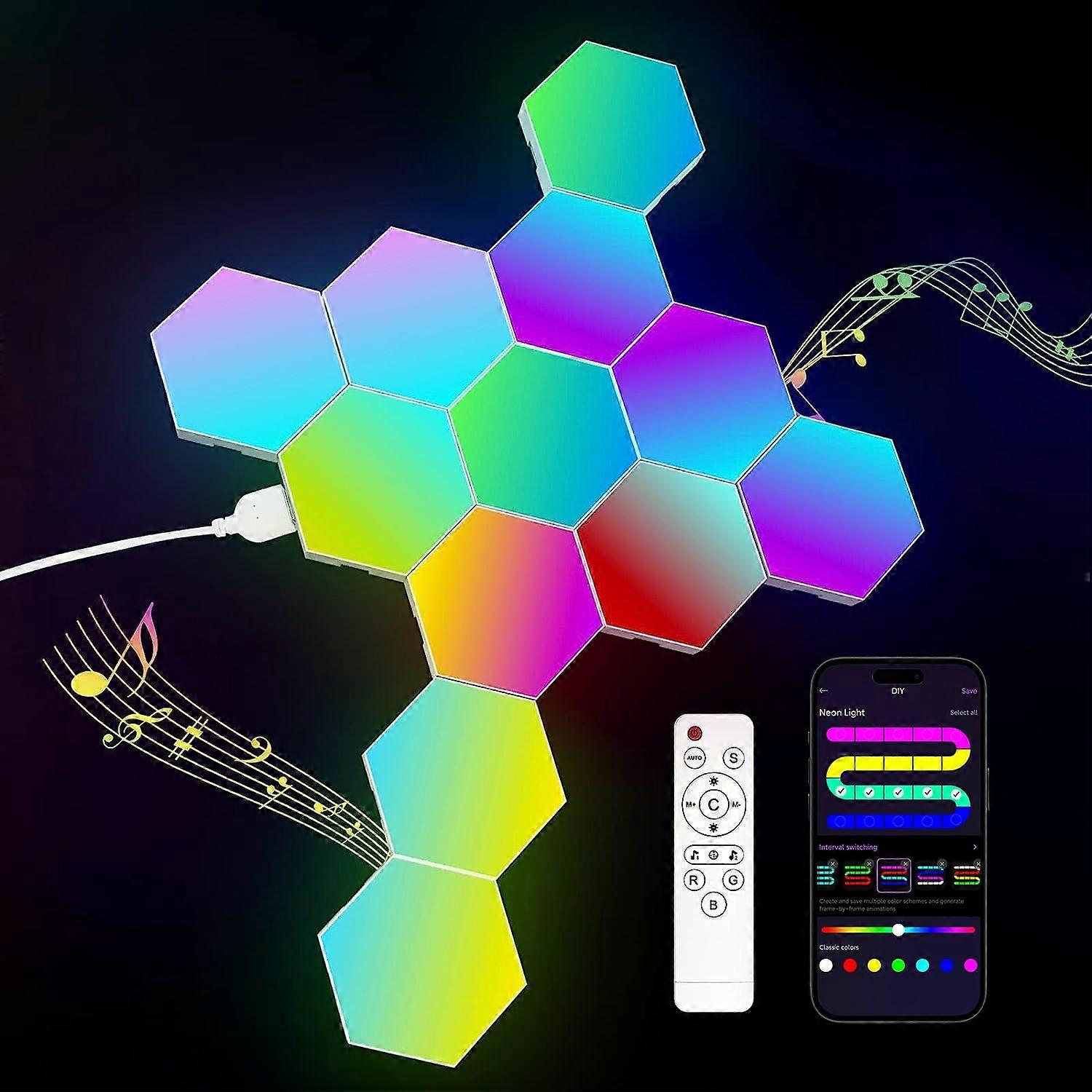 12Pack RGB LED Wall Lights Hexagon Panels with Music Sync, App Control, Gaming Room Decor