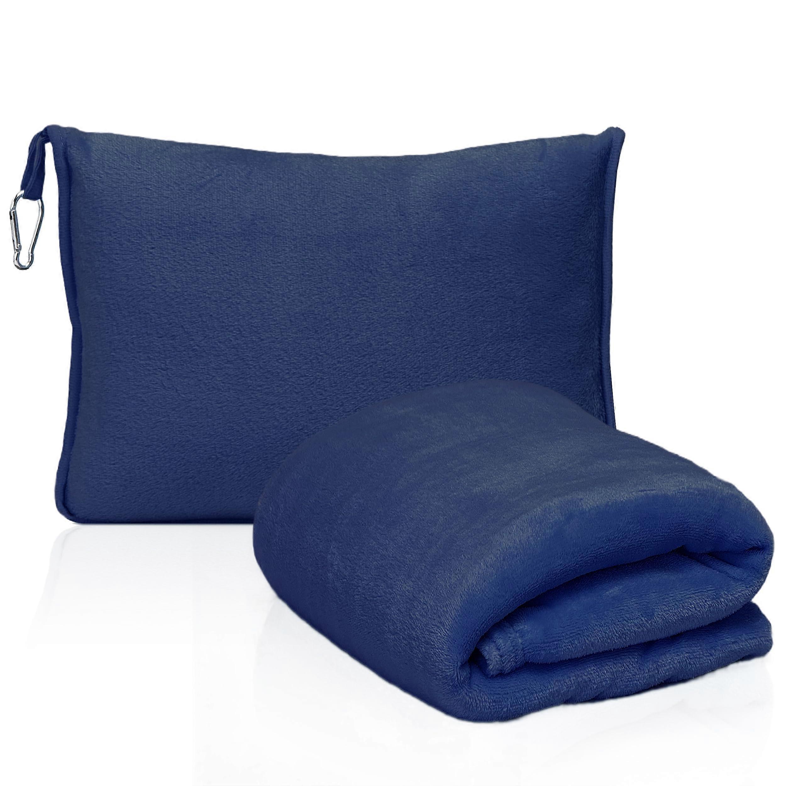 2in1 Travel Blanket and Pillow with Luggage Sleeve Strap, Ultra Soft Compact Warmth, Navy Blue