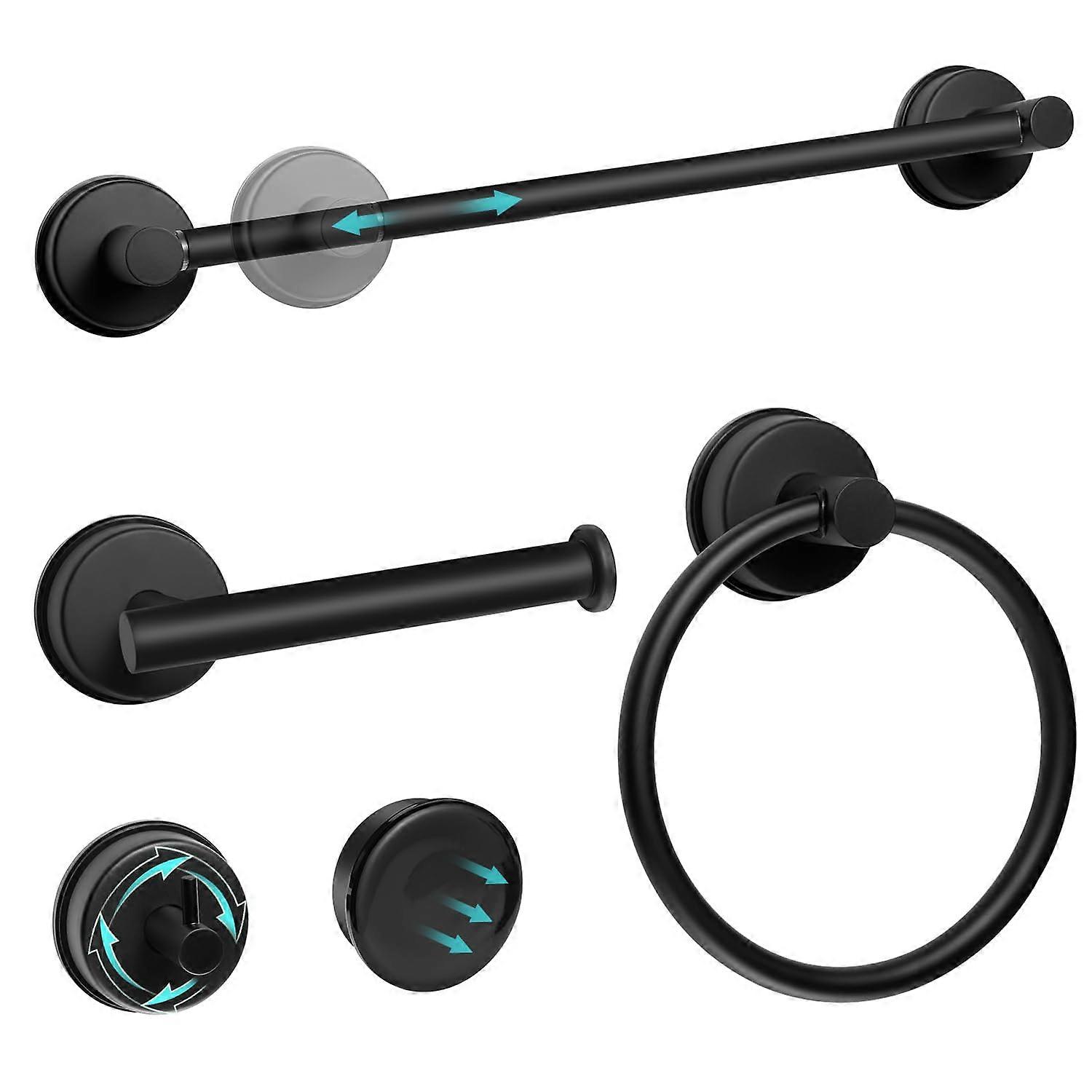 5 Piece Suction Cup Bathroom Accessories Set, NoDrill Adjustable 1221 In Towel Bar, Matte Black Hooks and Toilet Paper Holder
