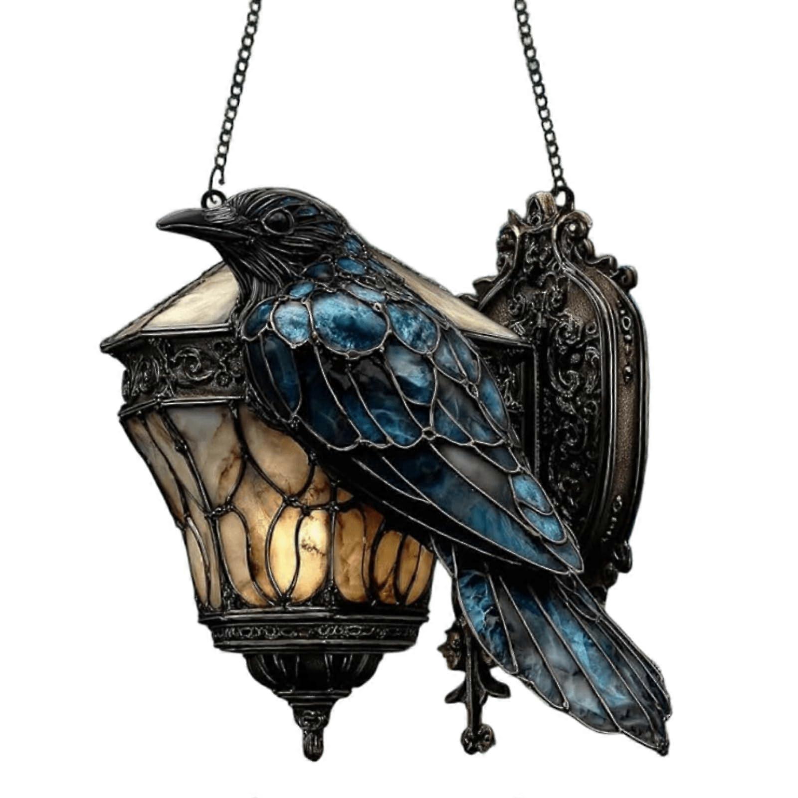 Gothic Raven Stained Glass Suncatcher Lantern – Handcrafted Halloween Window Hanging Decor