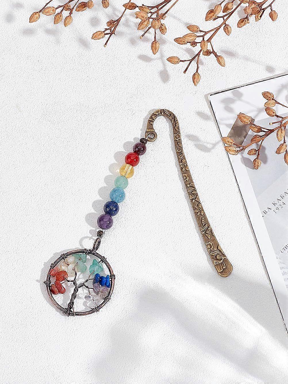 1Pcs Tibetan Style Carved Alloy Bookmark Flat Round with Tree of Life Page Trackers Bronze Paper Clips with Mixed Stone Pendants for Book Lovers Write