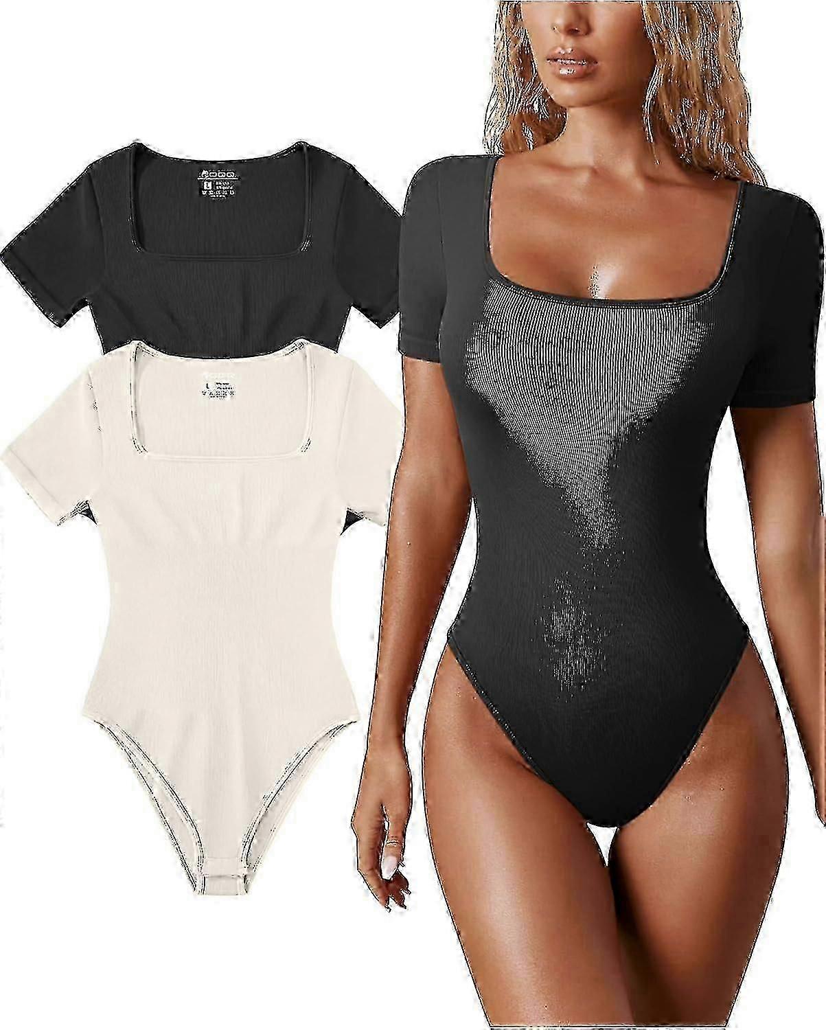 Gerippter Damen-Body, 2-teilig, eckiger Ausschnitt, Kurzarm, Einteiler