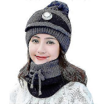 Warme winter gebreide muts voor vrouwen, dikke fleece skimuts met pompon in blauw