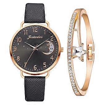 Mesdames Lune Motif Cadran PU Bracelet Montre à Quartz, Couleur : Noir + Bracelet Noir + Bracelet