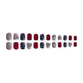 Independence Day Nail Art Patriotic Fake Nails Fourth of July Red White Blue Square Tips 24pcs