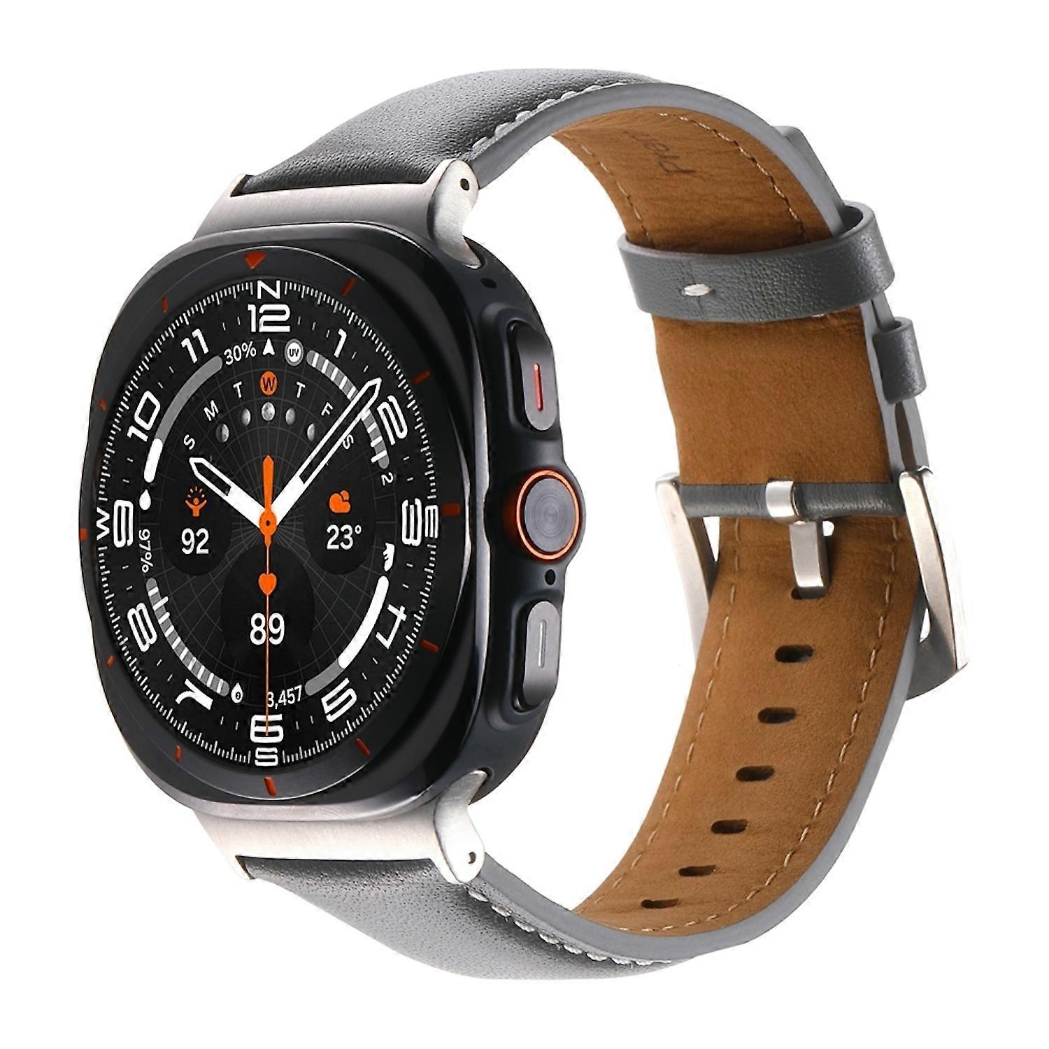 For Samsung Galaxy Watch Ultra 47mm Genuine Leather Strap Metal Clasp Grey