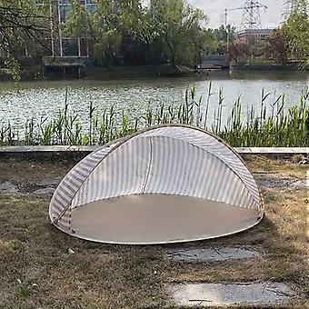 Strandzelt-Überdachung, Doppel-Schnellaufbau-Pop-Up-Zelt mit beigefarbenem Streifenmuster, kein Aufbau erforderlich, für Camping, Picknicks und Urlaub zu jeder Jahreszeit