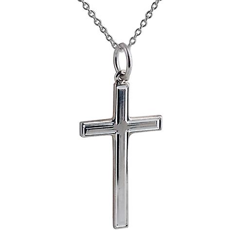 Silver 25x15mm engine turned line border solid block Cross with a rolo Chain 20 inches