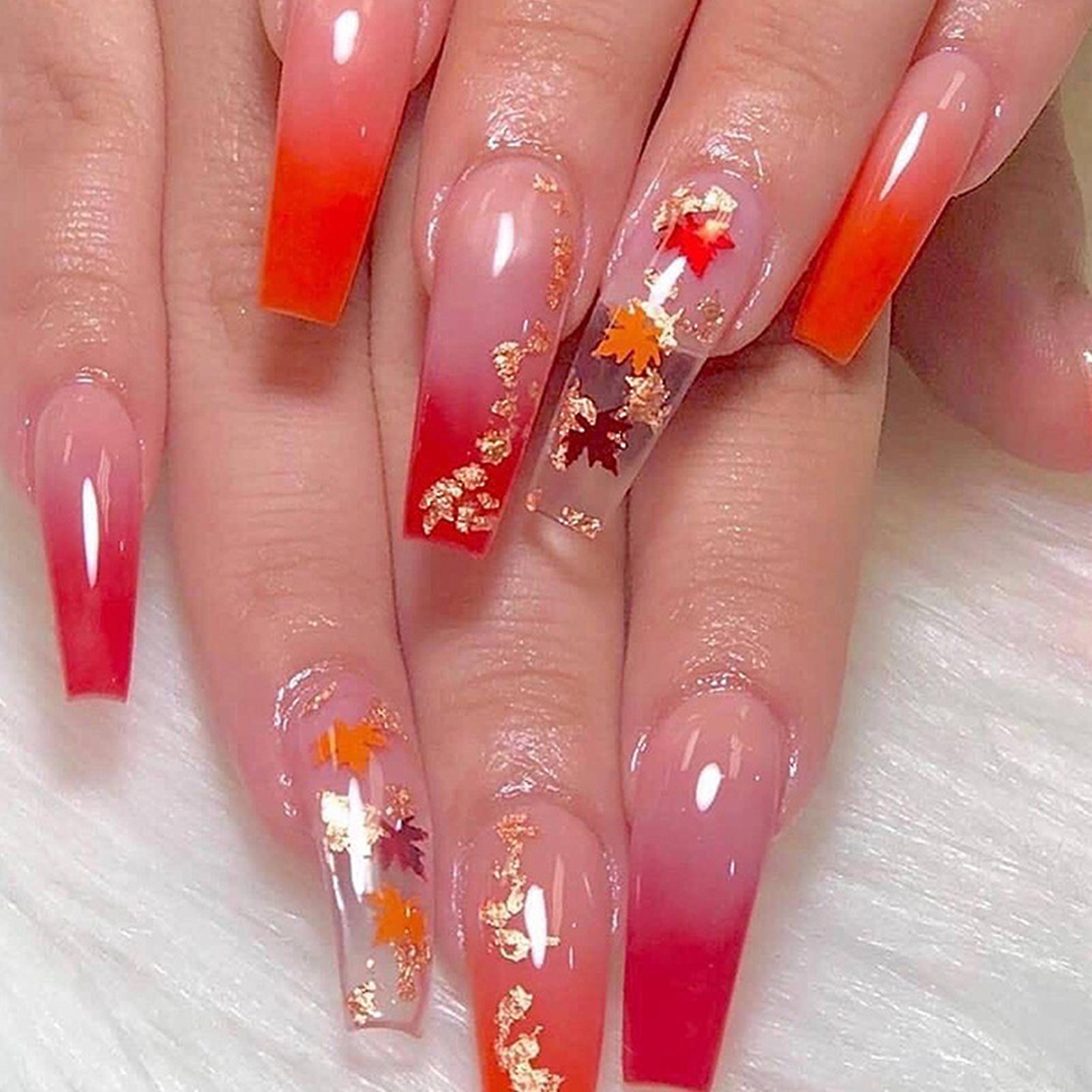 Maple Leaf Printed Long Ballet Fake Nails With Harmless And Smooth Edge Nails For Stage Performance Wear