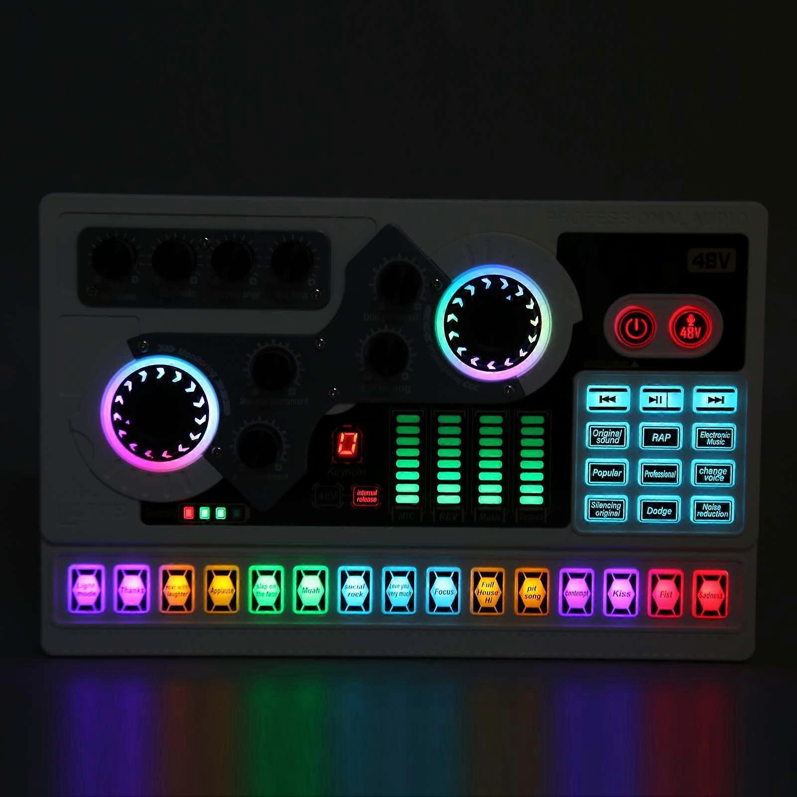Live Sound Card Bluetooth 5.0 Noise Reduction Voice Changer Sound Mixer Board with RGB Light for Broadcast Karaoke White